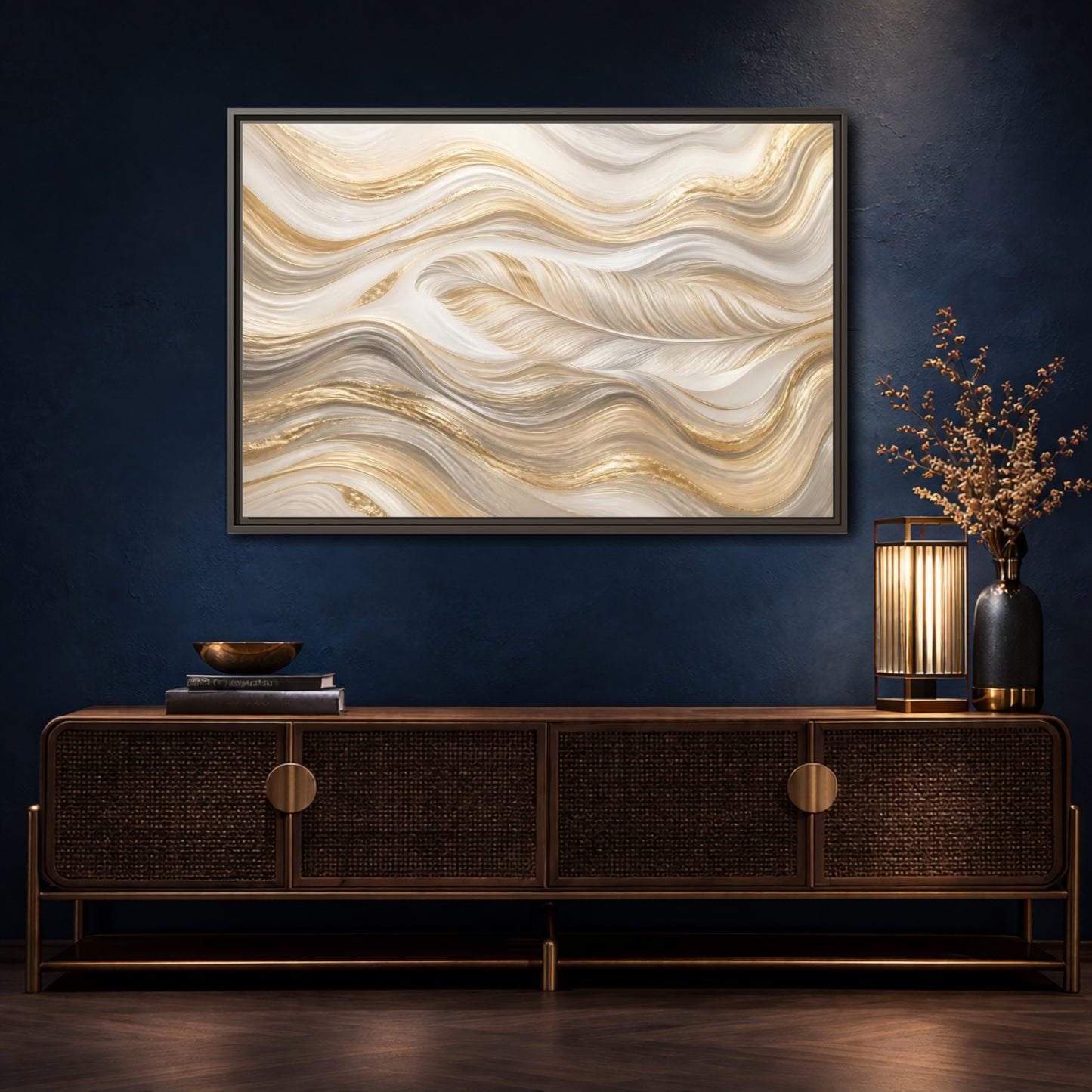 Mockup 4. Nature Feathers Gold White Feathers shown as stretched canvas wall art