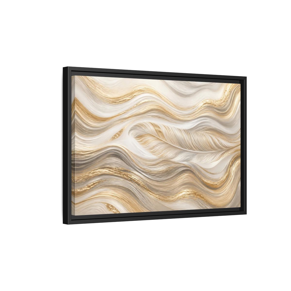 Side Mockup 3. Nature Feathers Gold White Feathers shown as stretched canvas wall art