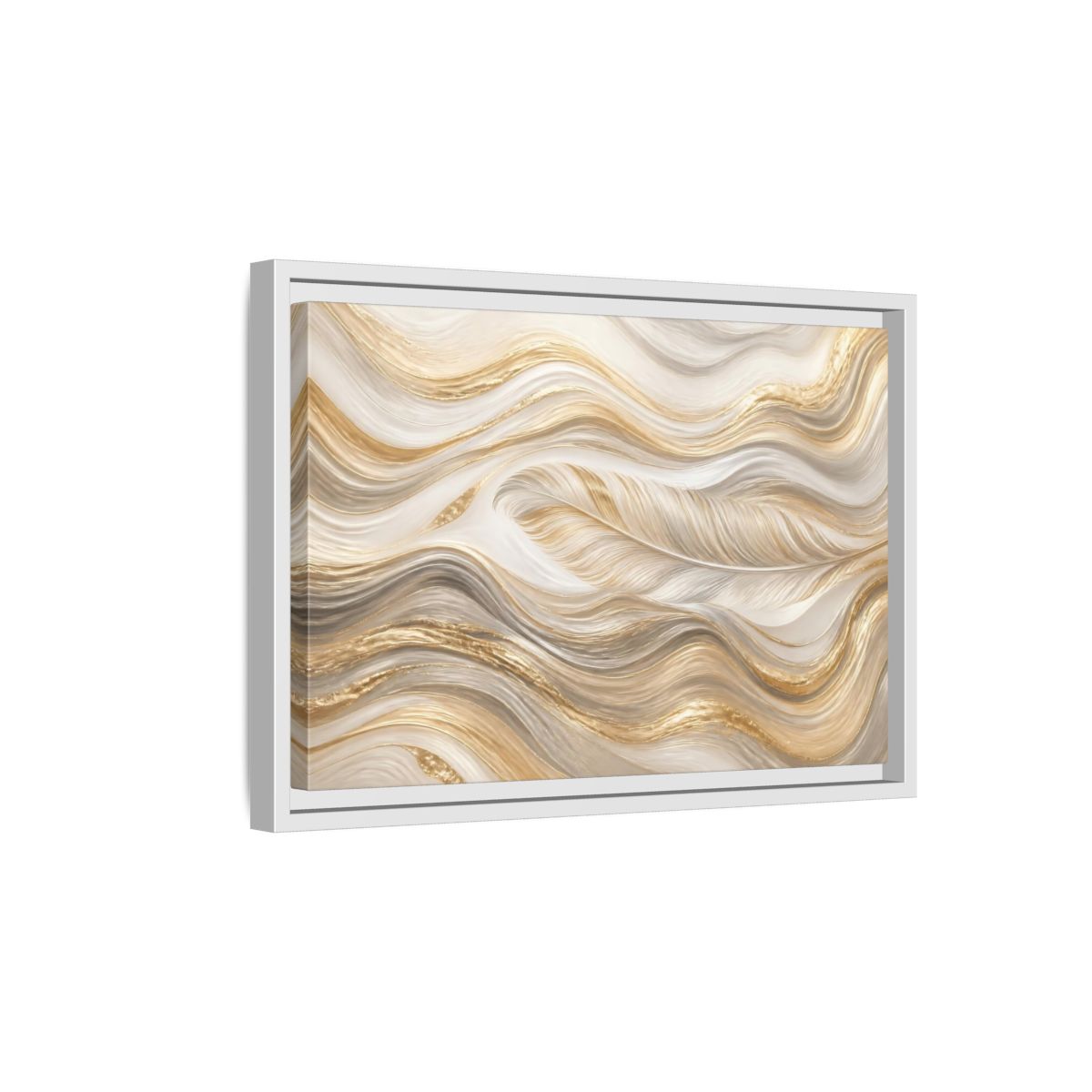 Side Mockup 4. Nature Feathers Gold White Feathers shown as stretched canvas wall art