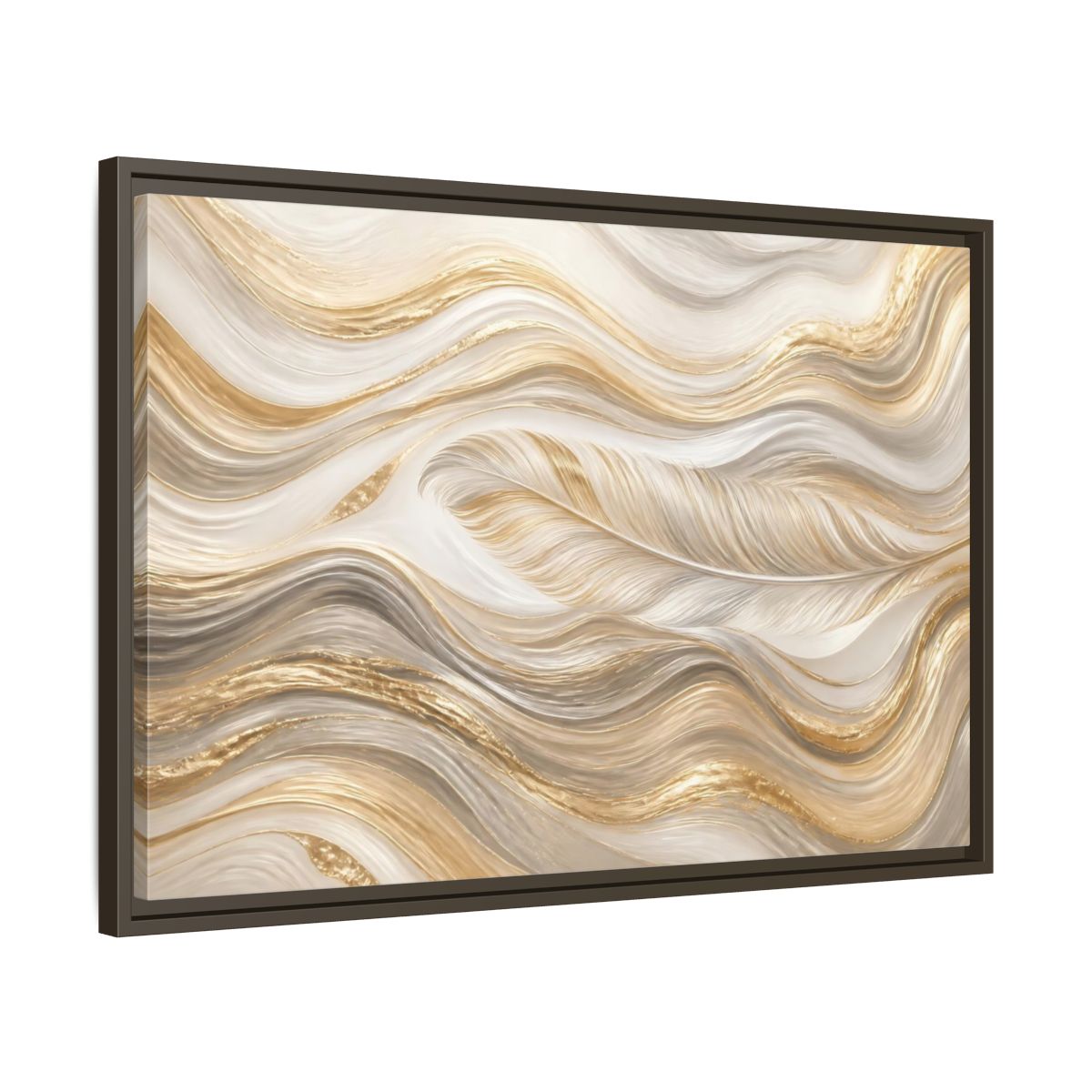 Side Mockup 11. Nature Feathers Gold White Feathers shown as stretched canvas wall art