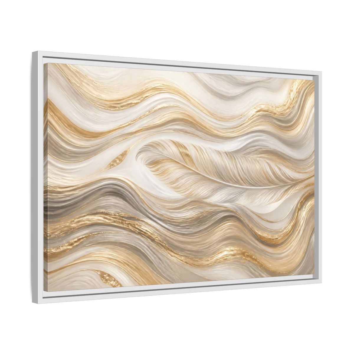 Side Mockup 10. Nature Feathers Gold White Feathers shown as stretched canvas wall art