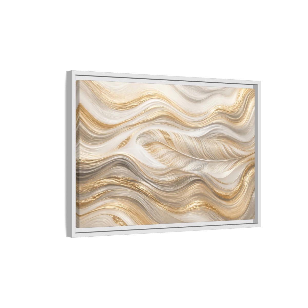 Side Mockup 1. Nature Feathers Gold White Feathers shown as stretched canvas wall art