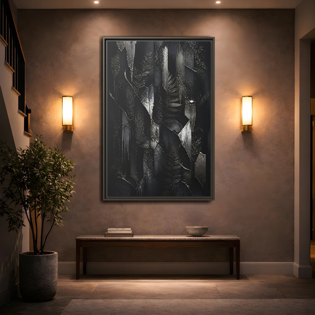 Mockup 2. Nature Ferns Black And Grey Ferns shown as stretched canvas wall art
