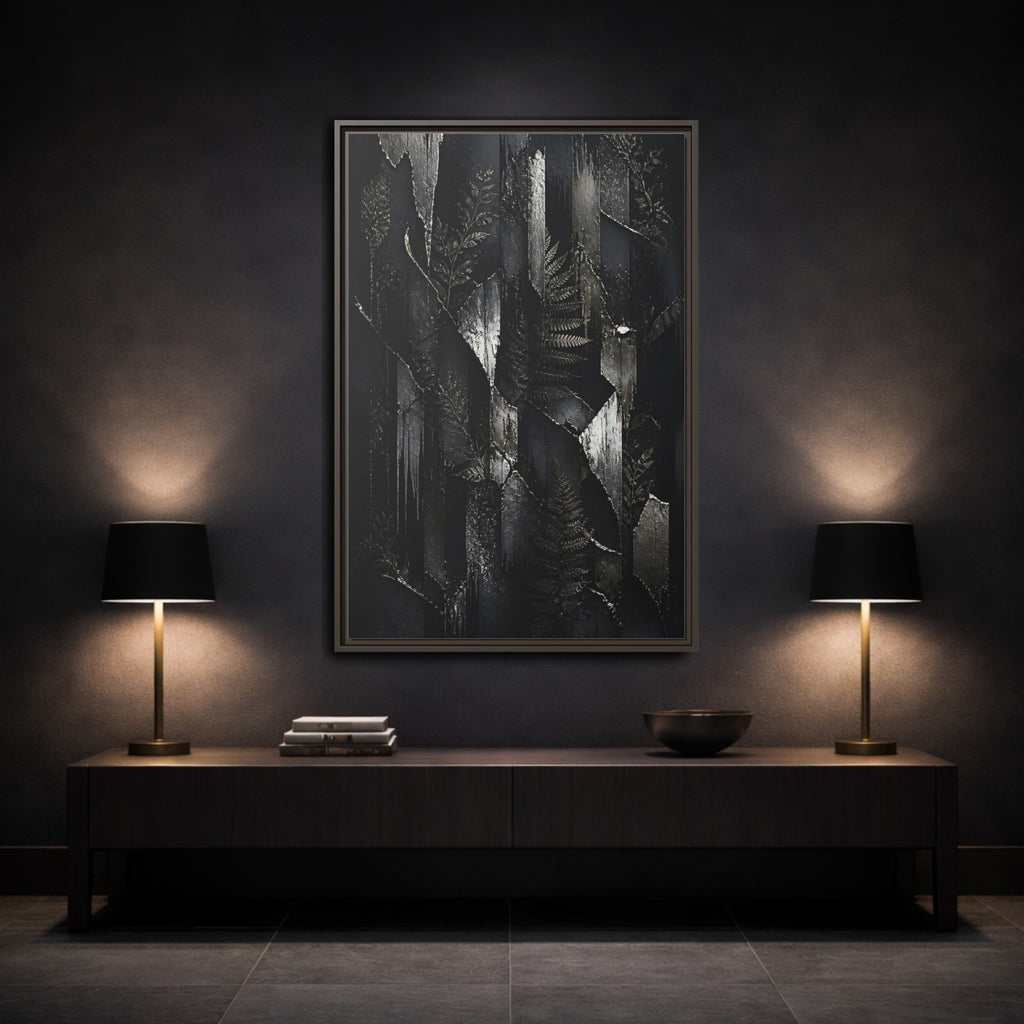 Mockup 3. Nature Ferns Black And Grey Ferns shown as stretched canvas wall art