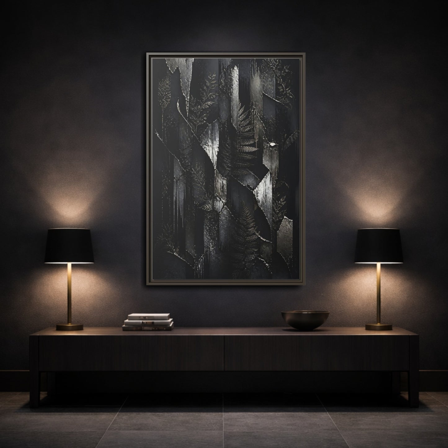 Mockup 3. Nature Ferns Black And Grey Ferns shown as stretched canvas wall art