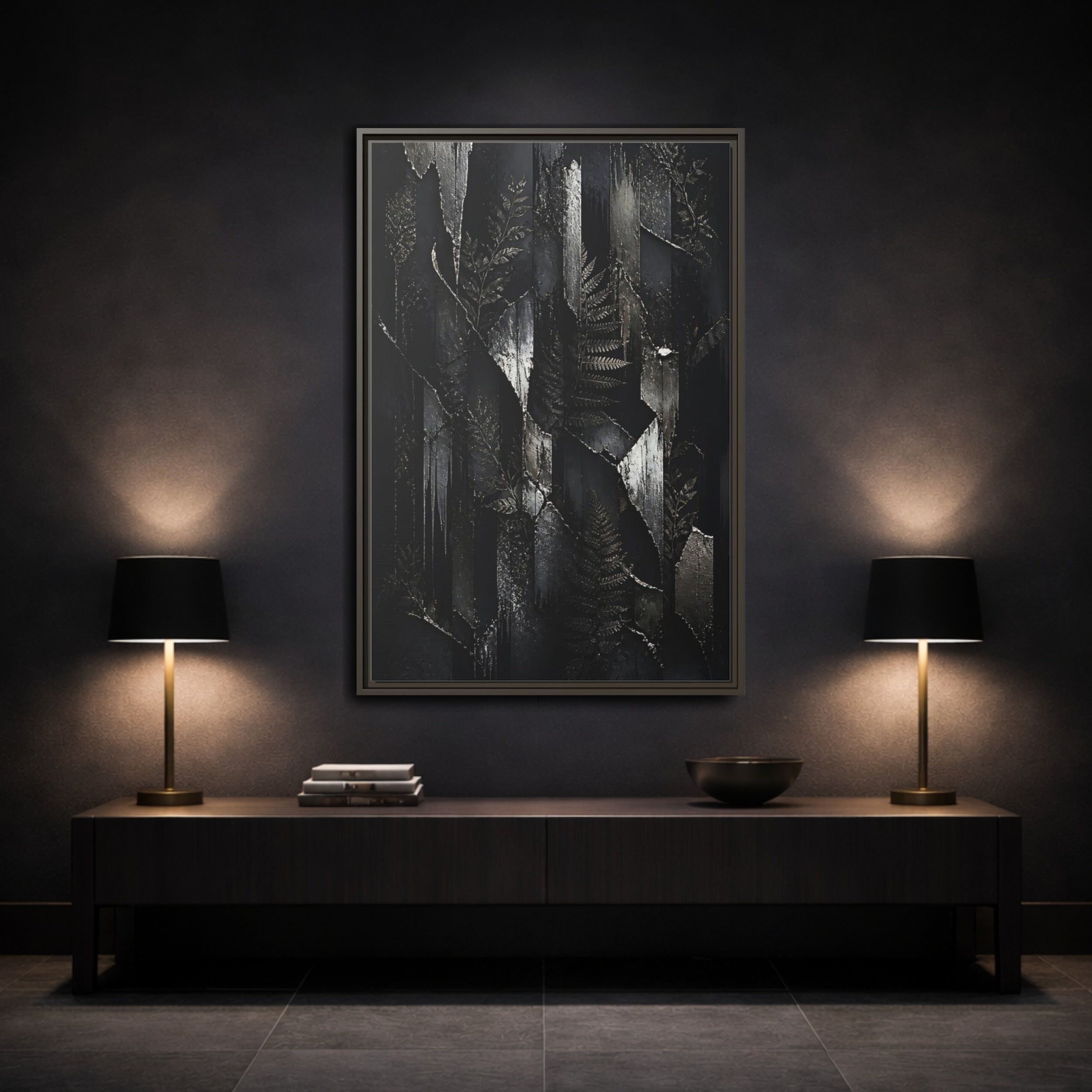 Mockup 3. Nature Ferns Black And Grey Ferns shown as stretched canvas wall art