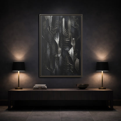 Mockup 3. Nature Ferns Black And Grey Ferns shown as stretched canvas wall art