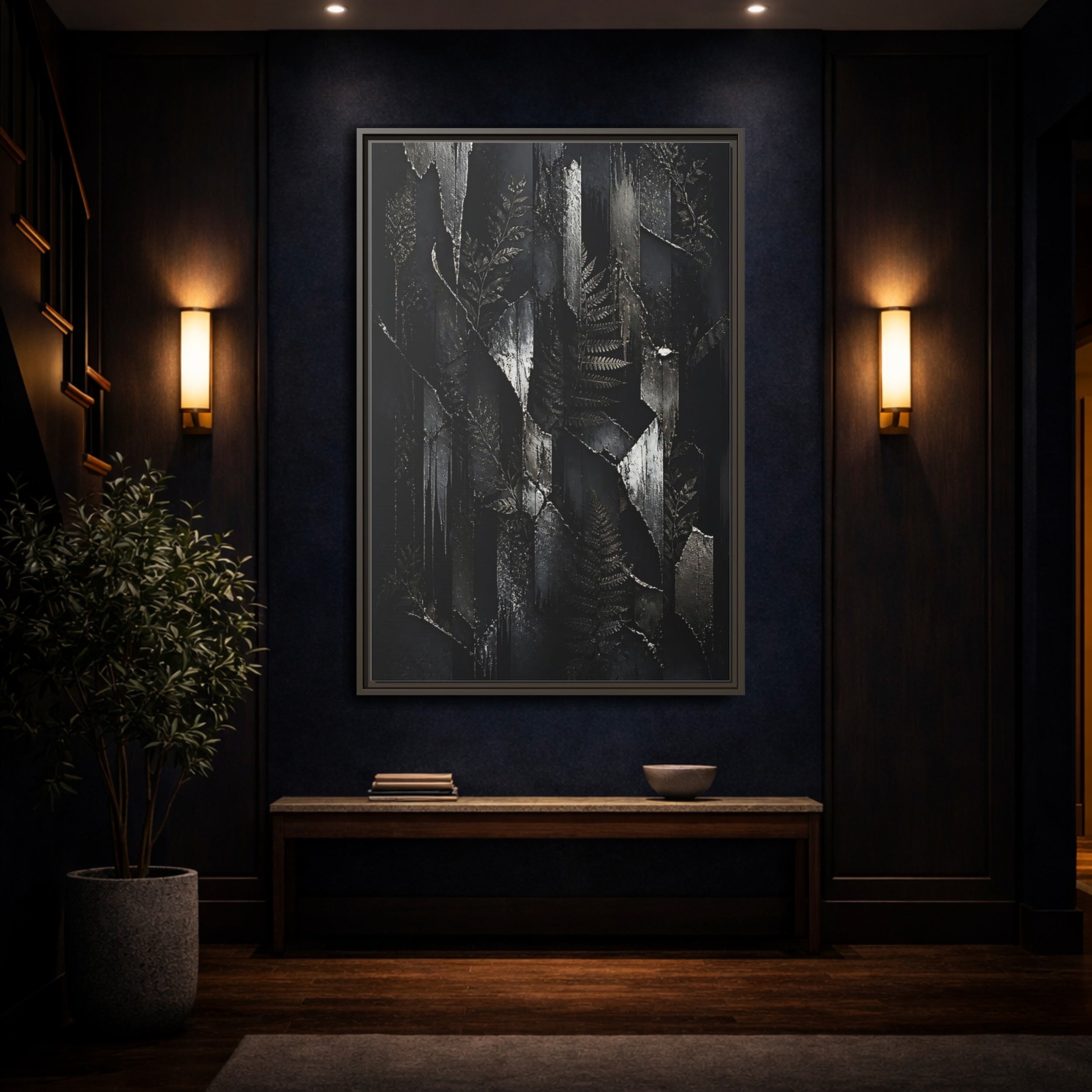 Mockup 4. Nature Ferns Black And Grey Ferns shown as stretched canvas wall art