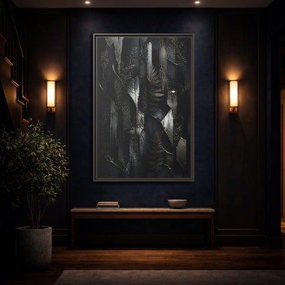 Mockup 4. Nature Ferns Black And Grey Ferns shown as stretched canvas wall art
