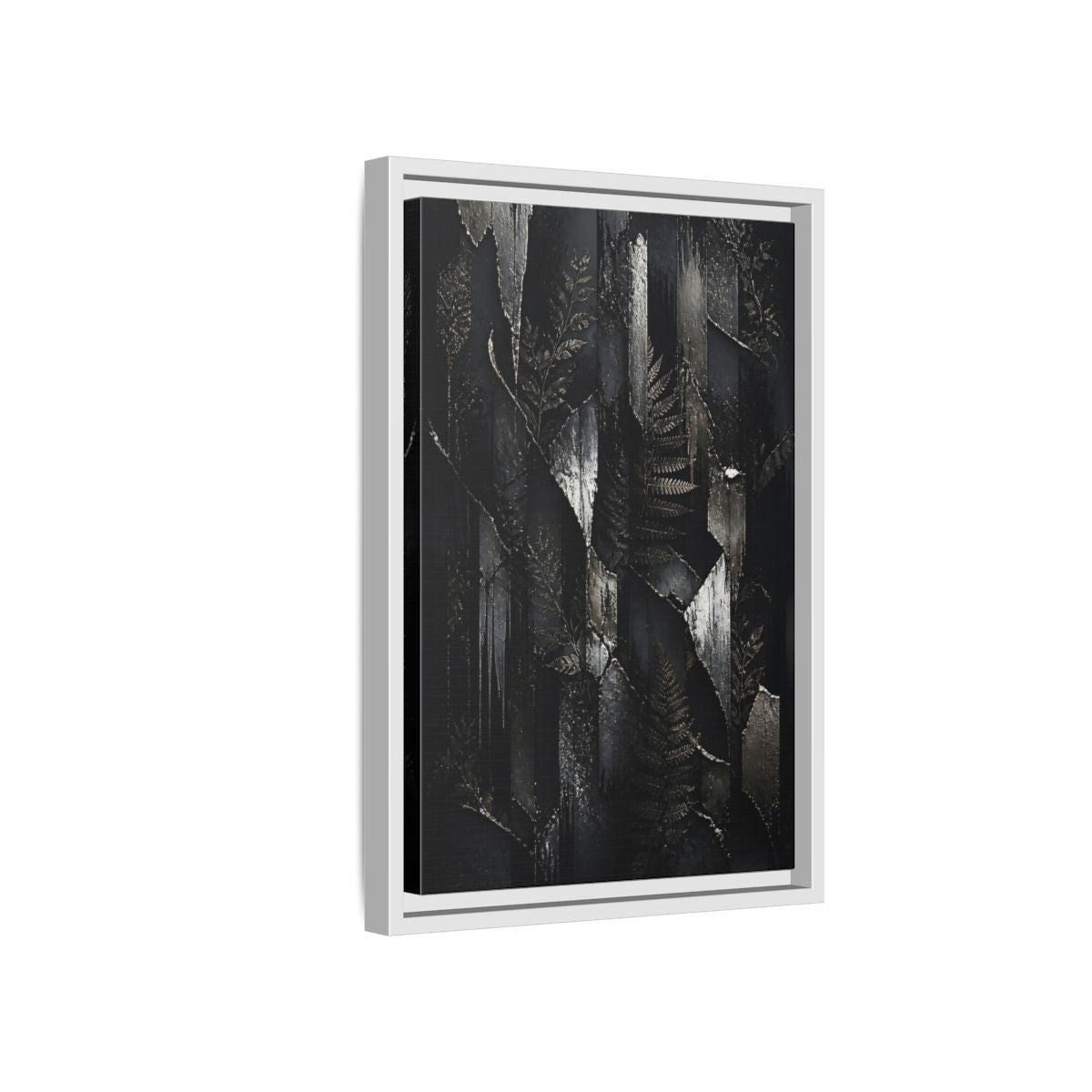 Side Mockup 4. Nature Ferns Black And Grey Ferns shown as stretched canvas wall art