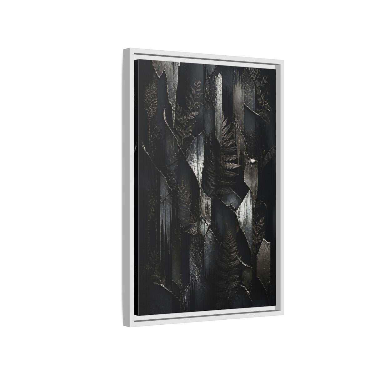 Side Mockup 1. Nature Ferns Black And Grey Ferns shown as stretched canvas wall art