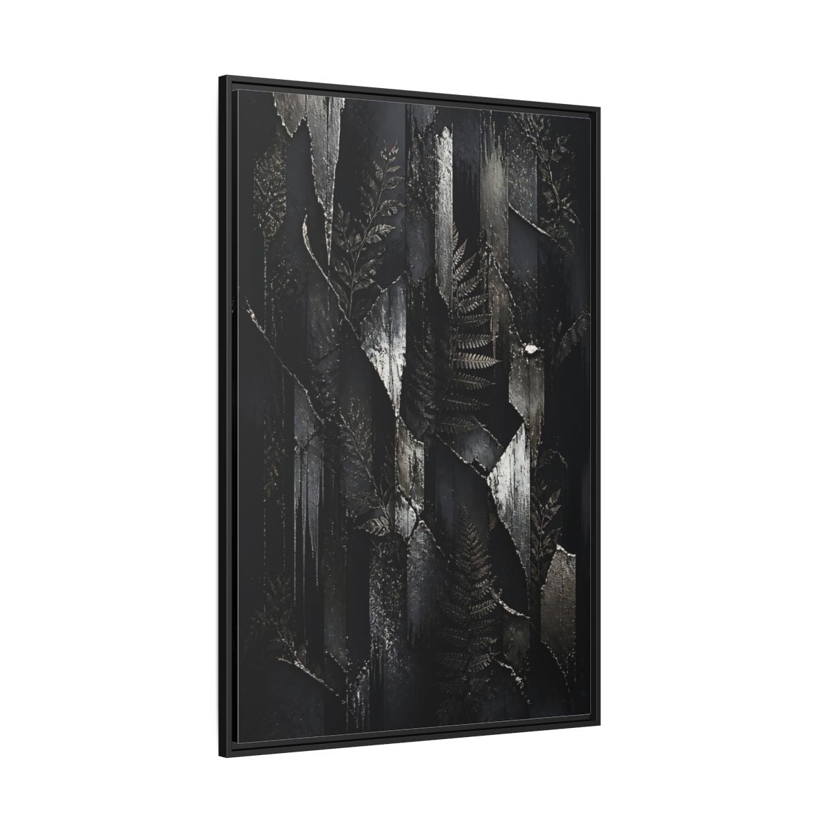 Side Mockup 12. Nature Ferns Black And Grey Ferns shown as stretched canvas wall art