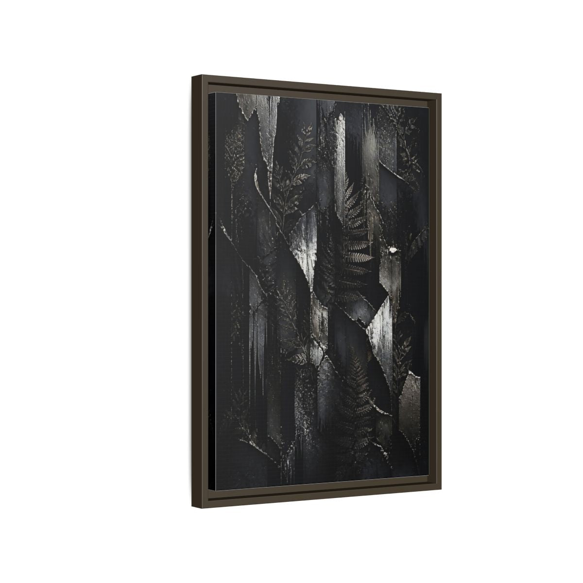 Side Mockup 2. Nature Ferns Black And Grey Ferns shown as stretched canvas wall art