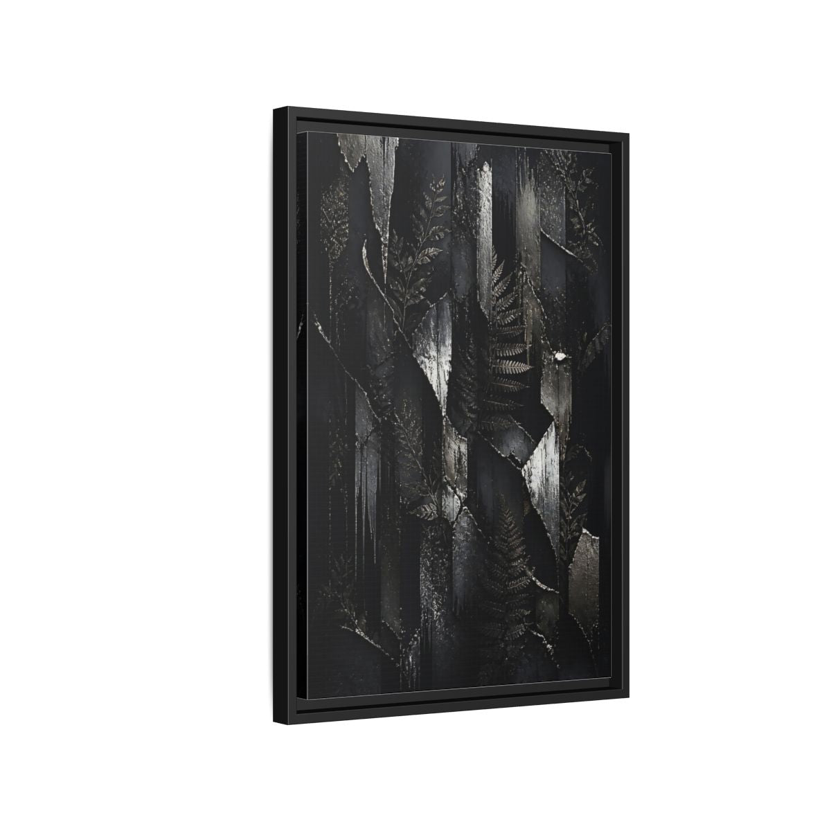 Side Mockup 3. Nature Ferns Black And Grey Ferns shown as stretched canvas wall art