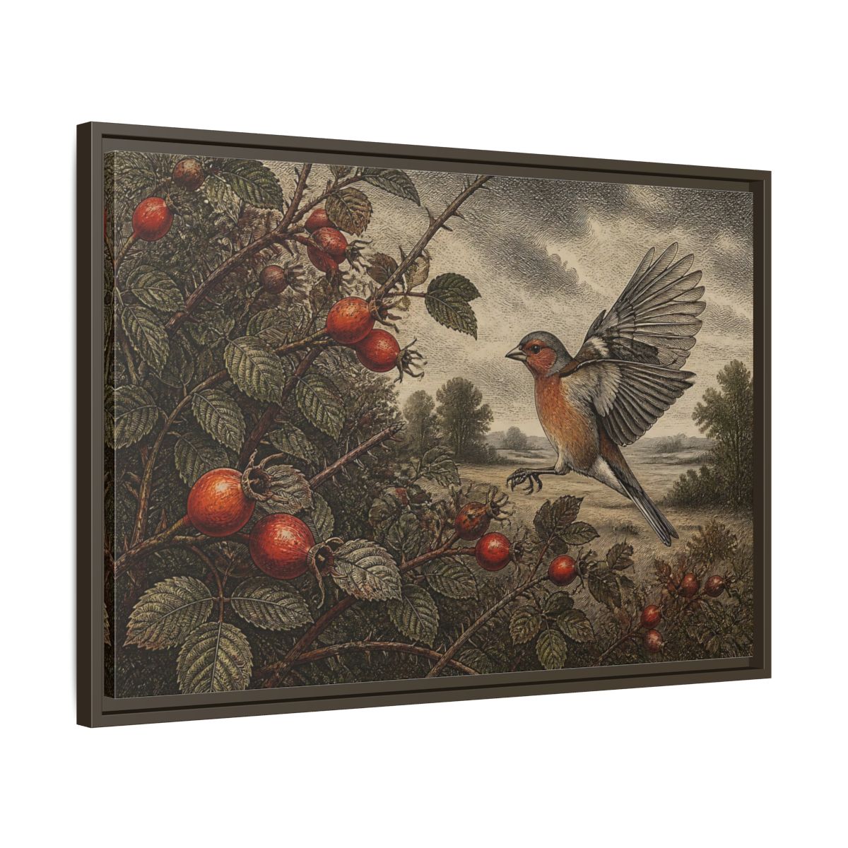 Side Mockup 11. Nature Finch With Rosehips shown as framed canvas print