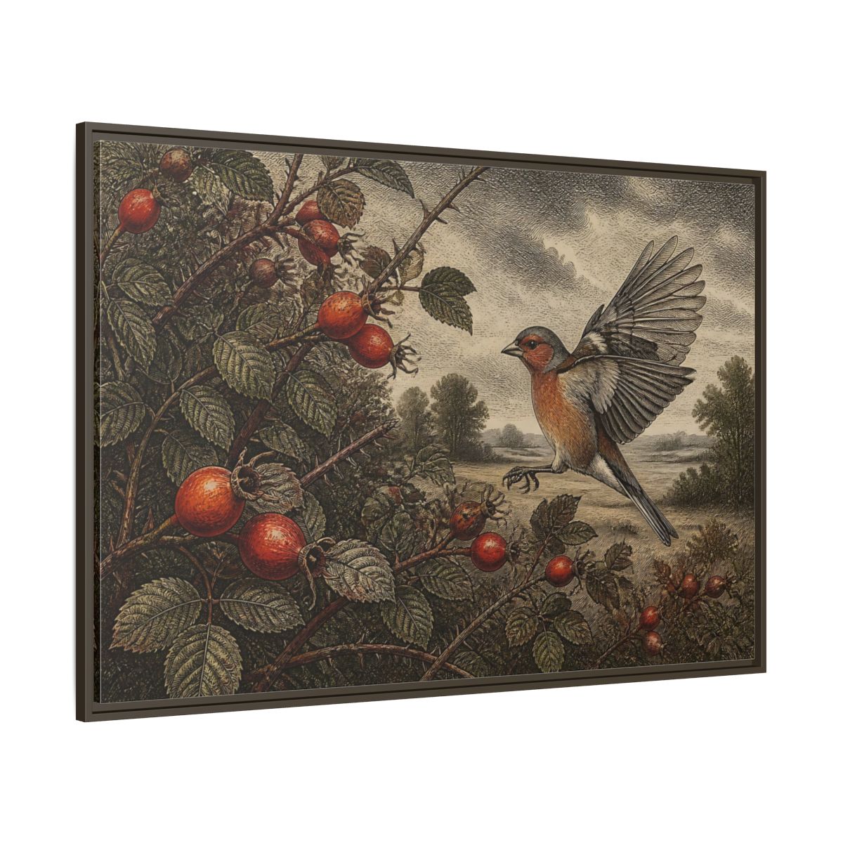 Side Mockup 8. Nature Finch With Rosehips shown as framed canvas print