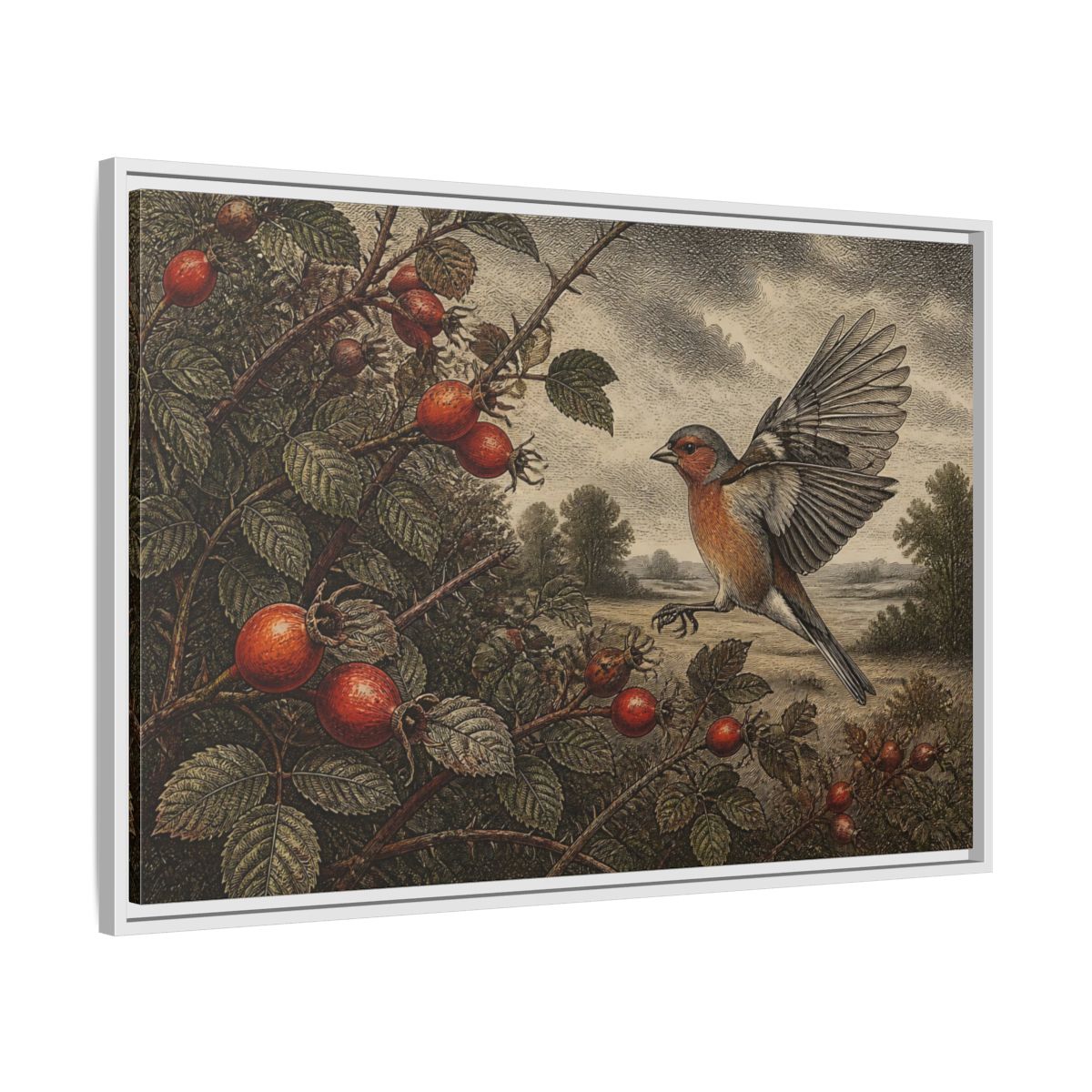 Side Mockup 9. Nature Finch With Rosehips shown as framed canvas print