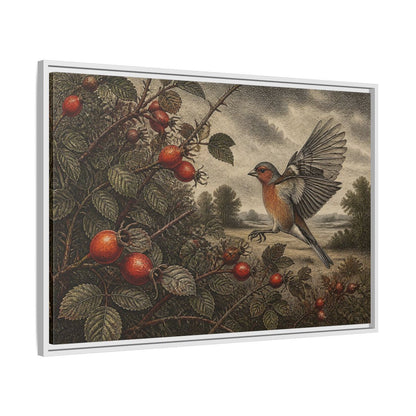 Side Mockup 9. Nature Finch With Rosehips shown as framed canvas print