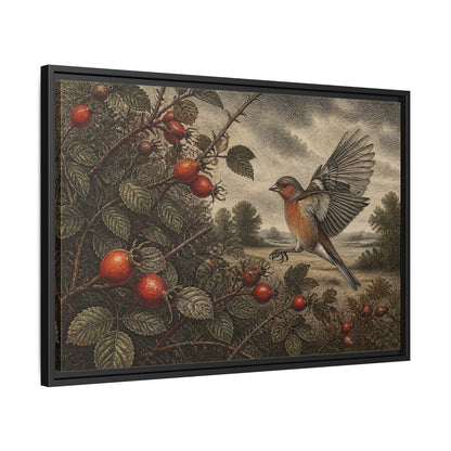 Side Mockup 14. Nature Finch With Rosehips shown as framed canvas print