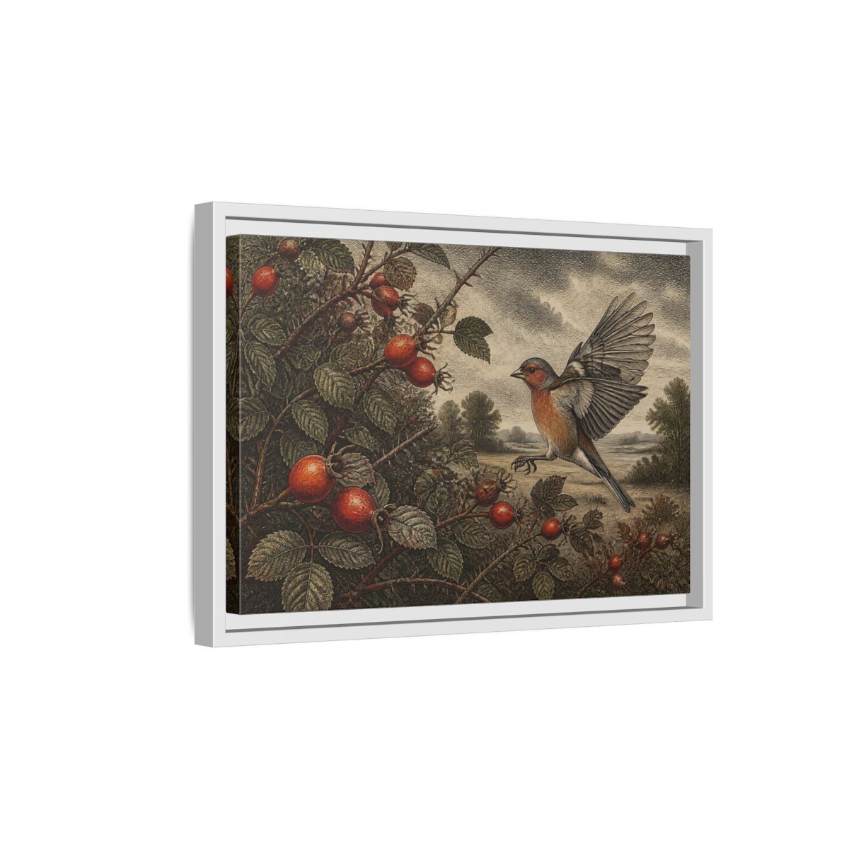 Side Mockup 4. Nature Finch With Rosehips shown as framed canvas print