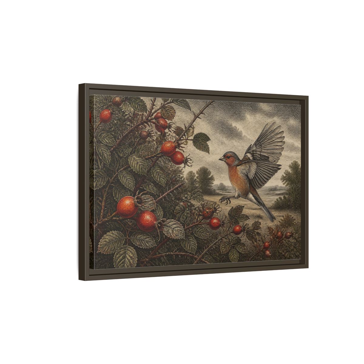 Side Mockup 2. Nature Finch With Rosehips shown as framed canvas print