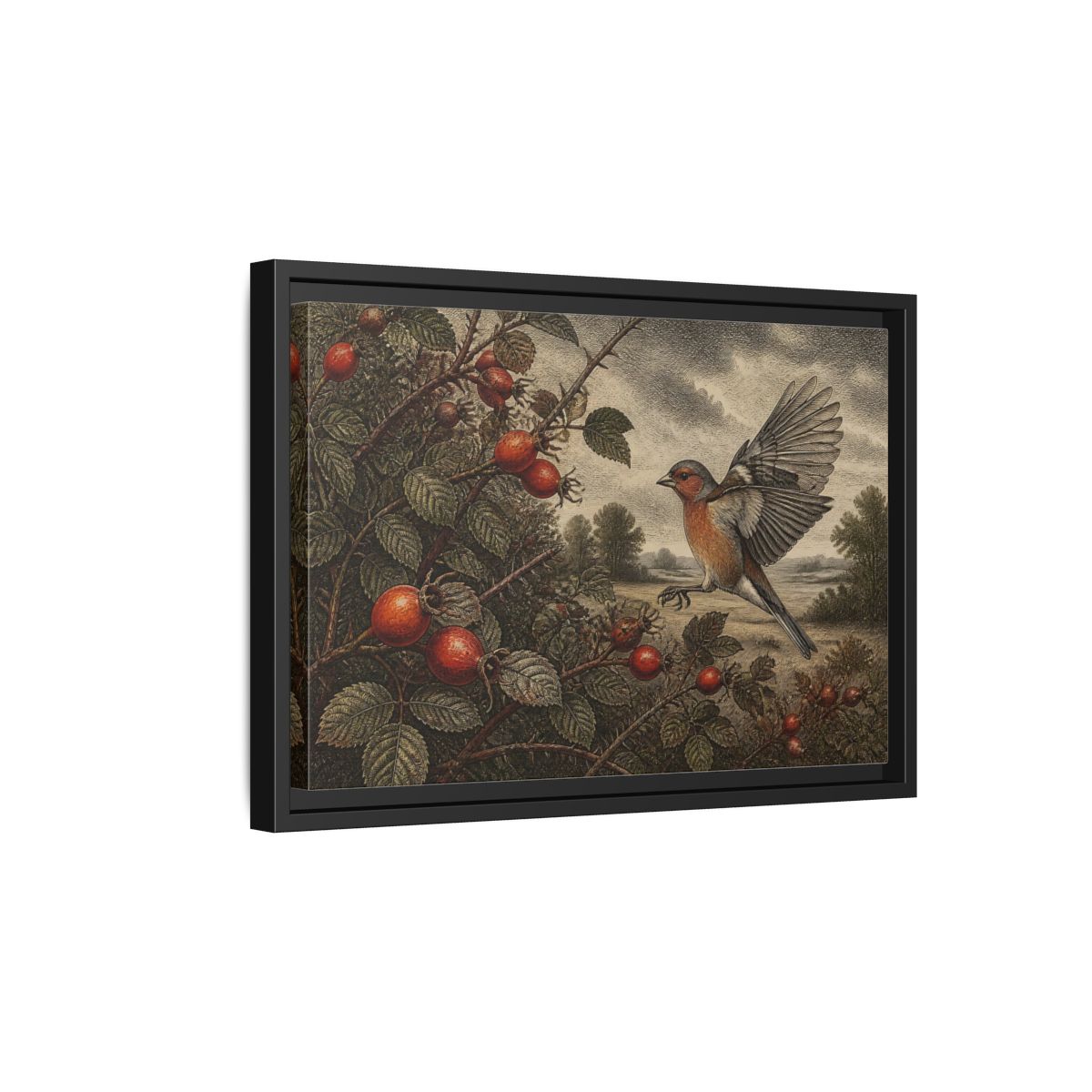 Side Mockup 6. Nature Finch With Rosehips shown as framed canvas print