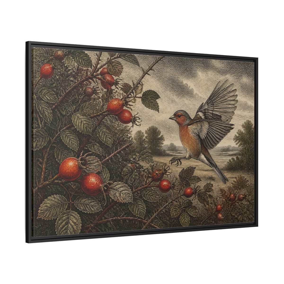 Side Mockup 12. Nature Finch With Rosehips shown as framed canvas print
