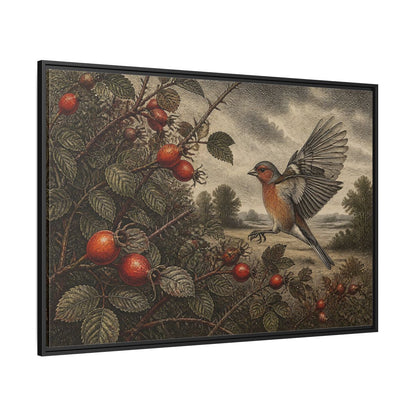 Side Mockup 12. Nature Finch With Rosehips shown as framed canvas print