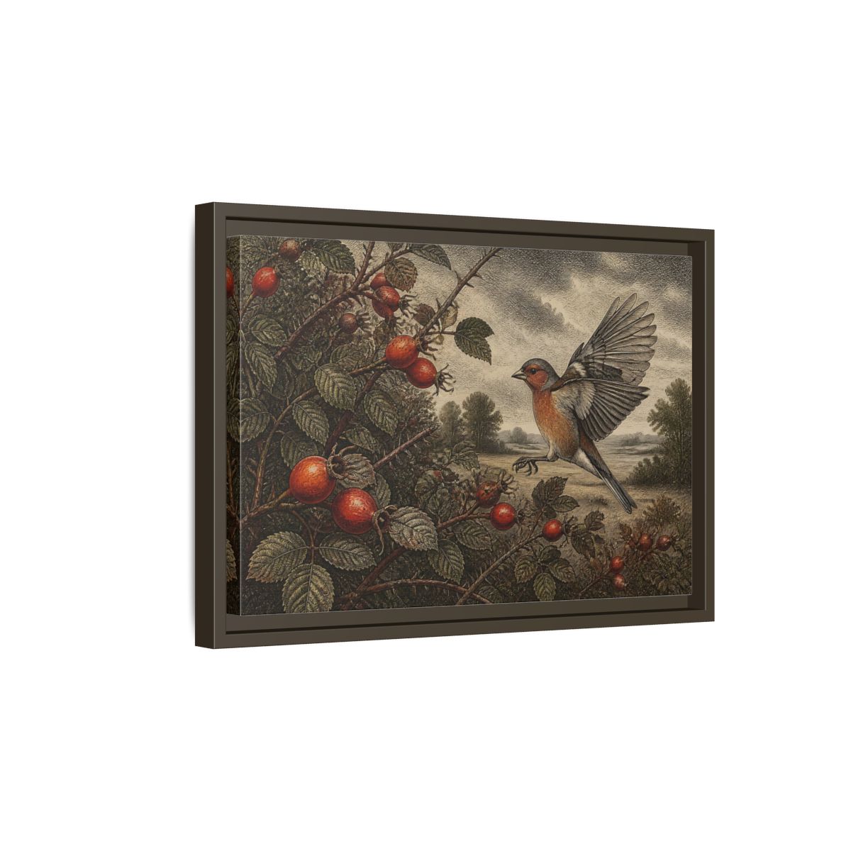 Side Mockup 5. Nature Finch With Rosehips shown as framed canvas print