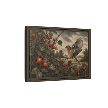 Side Mockup 5. Nature Finch With Rosehips shown as framed canvas print