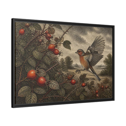 Side Mockup 13. Nature Finch With Rosehips shown as framed canvas print