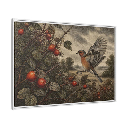 Side Mockup 7. Nature Finch With Rosehips shown as framed canvas print
