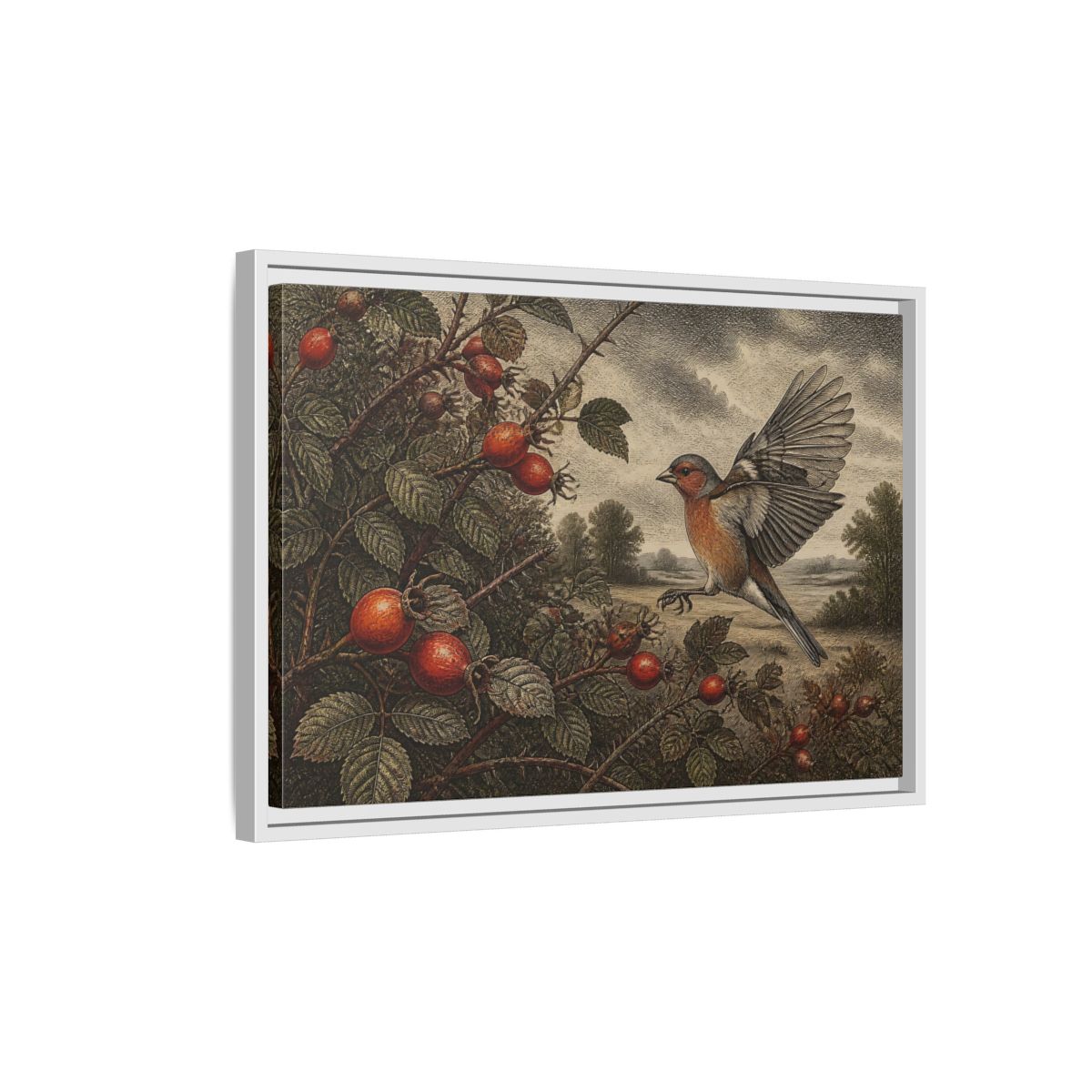 Side Mockup 1. Nature Finch With Rosehips shown as framed canvas print