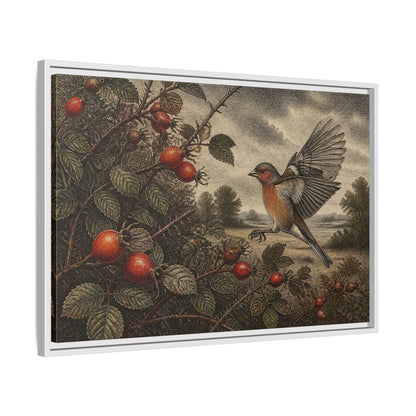 Side Mockup 10. Nature Finch With Rosehips shown as framed canvas print