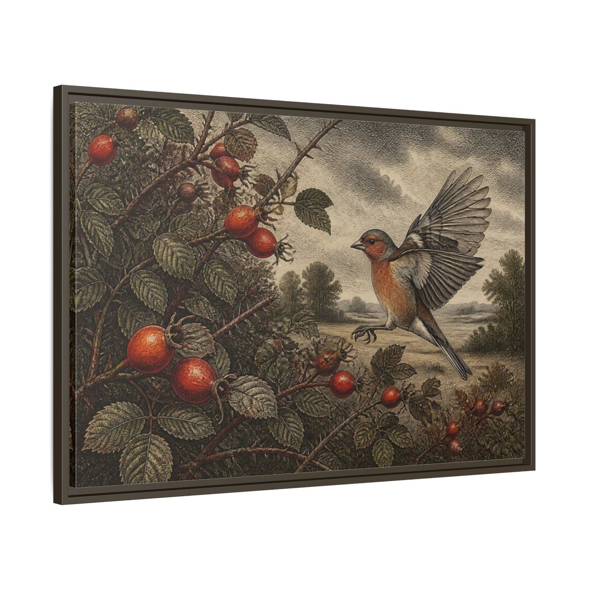 Main Mockup. Nature Finch With Rosehips shown as framed canvas print