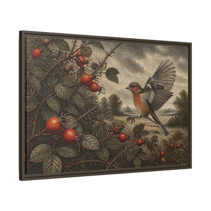 Main Mockup. Nature Finch With Rosehips shown as framed canvas print