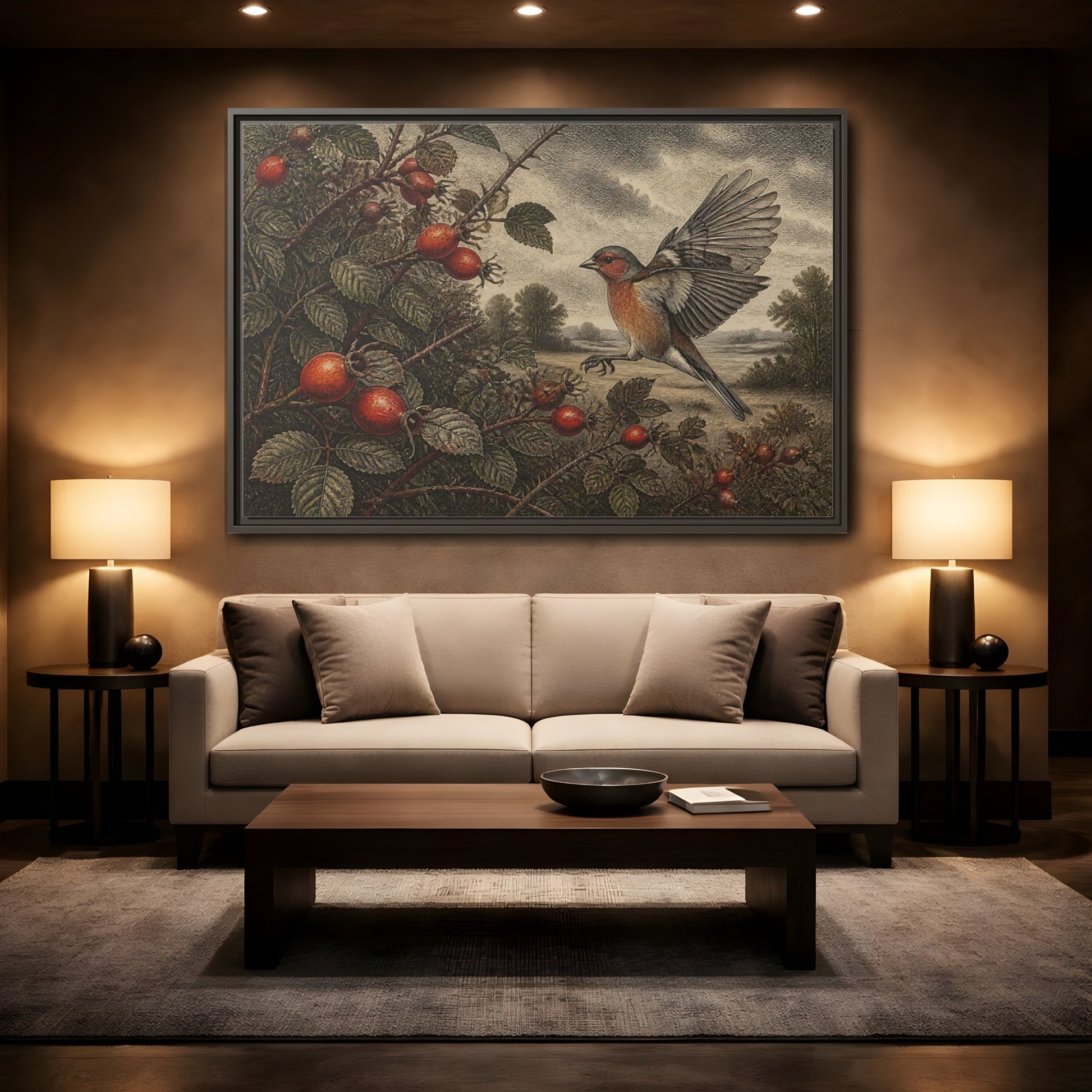 Mockup 2. Nature Finch With Rosehips shown as framed canvas print