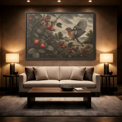 Mockup 2. Nature Finch With Rosehips shown as framed canvas print