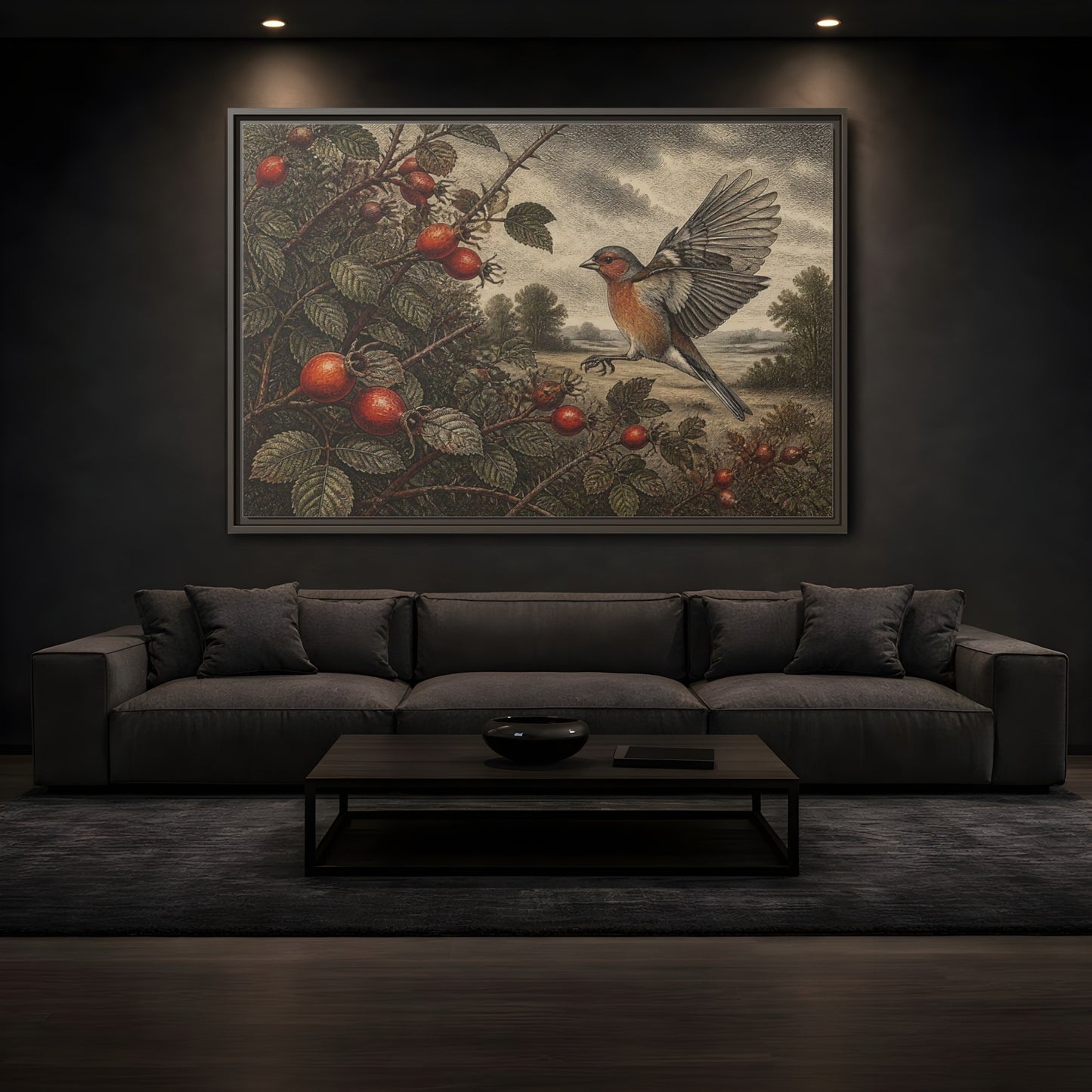 Mockup 3. Nature Finch With Rosehips shown as framed canvas print