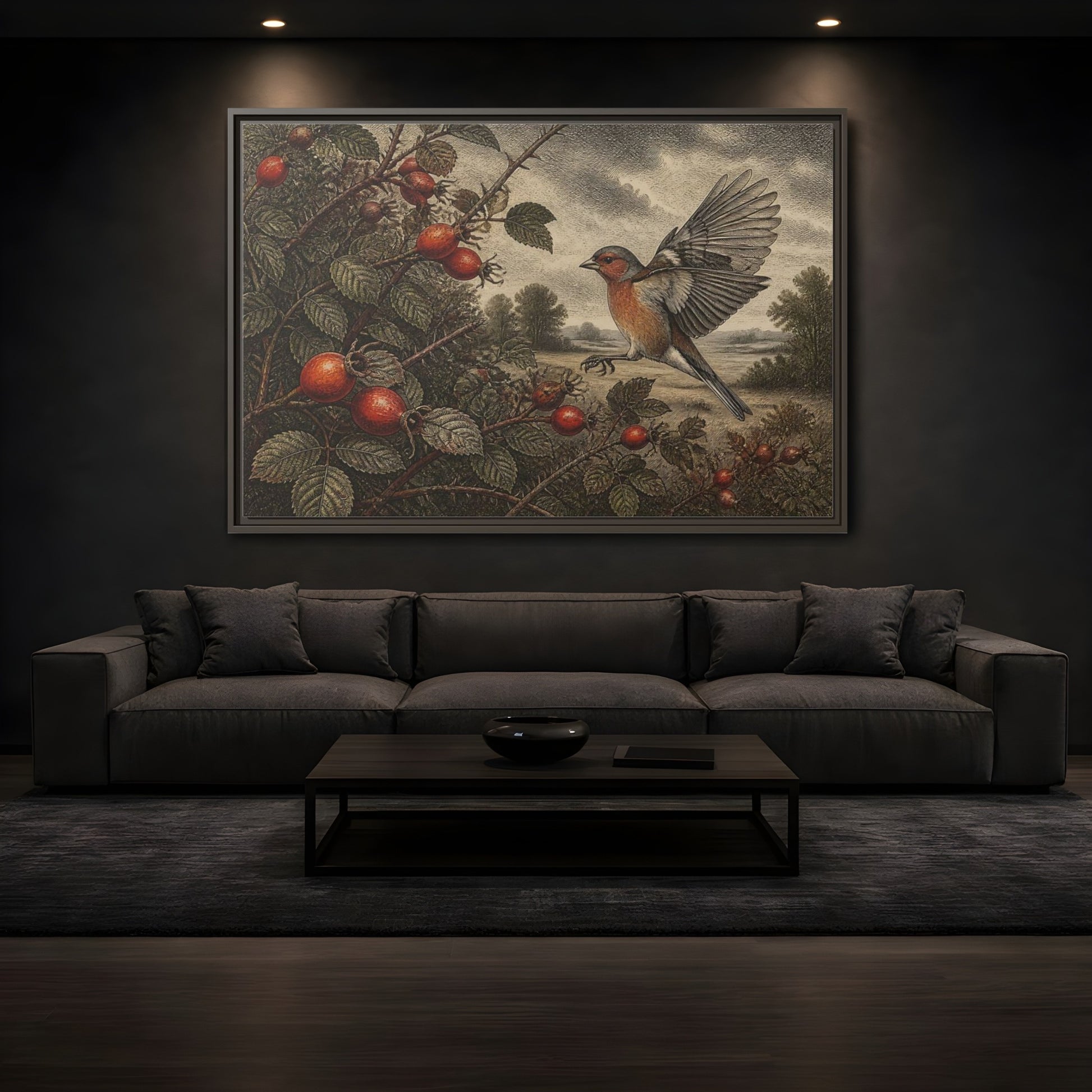 Mockup 3. Nature Finch With Rosehips shown as framed canvas print