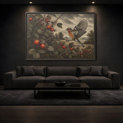 Mockup 3. Nature Finch With Rosehips shown as framed canvas print
