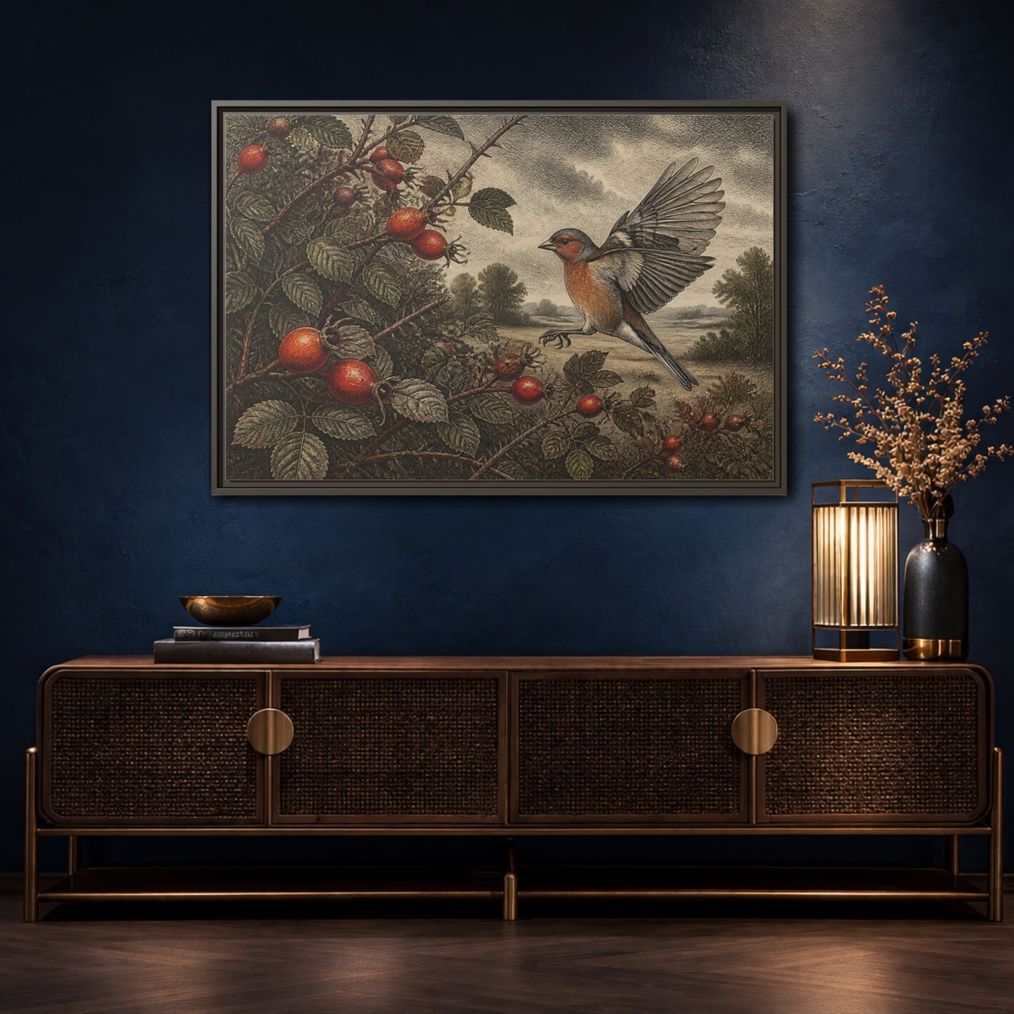 Mockup 4. Nature Finch With Rosehips shown as framed canvas print