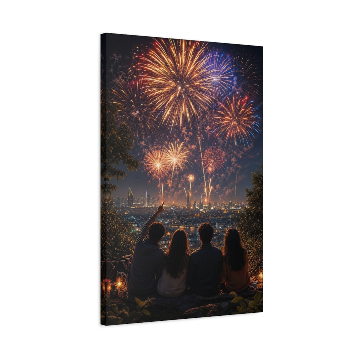 Side Mockup 2. Nature Fireworks Colorful Night Fireworks shown as stretched canvas wall art