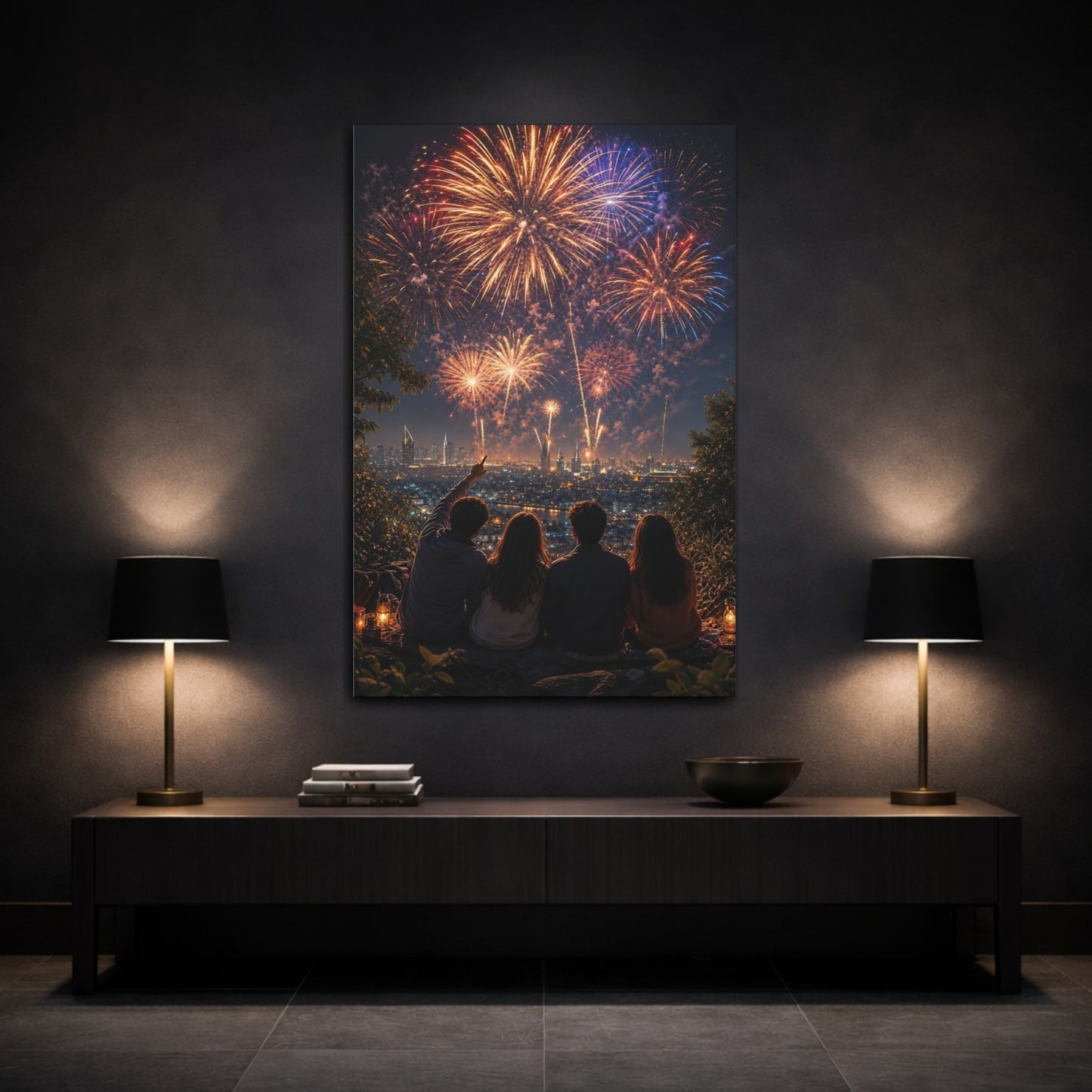 Nature Fireworks Colorful Night Canvas Wall Art Print - Modern Living Room, Above Couch shown as canvas wall art