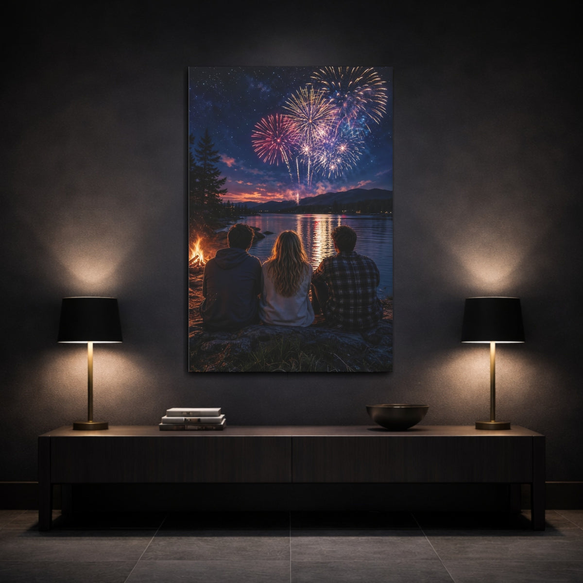 Nature Fireworks Colorful Night Sky Canvas Wall Art Print - Living Room Decor, Above Sofa shown as canvas wall art