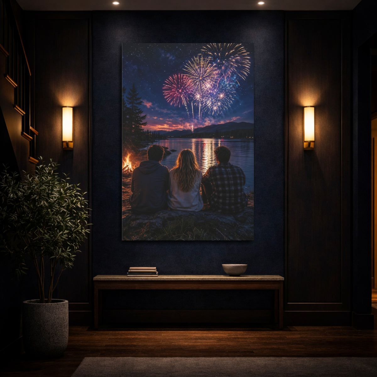 Nature Fireworks Colorful Night Sky Canvas Wall Art Print - Living Room Decor, Above Sofa shown as canvas wall art
