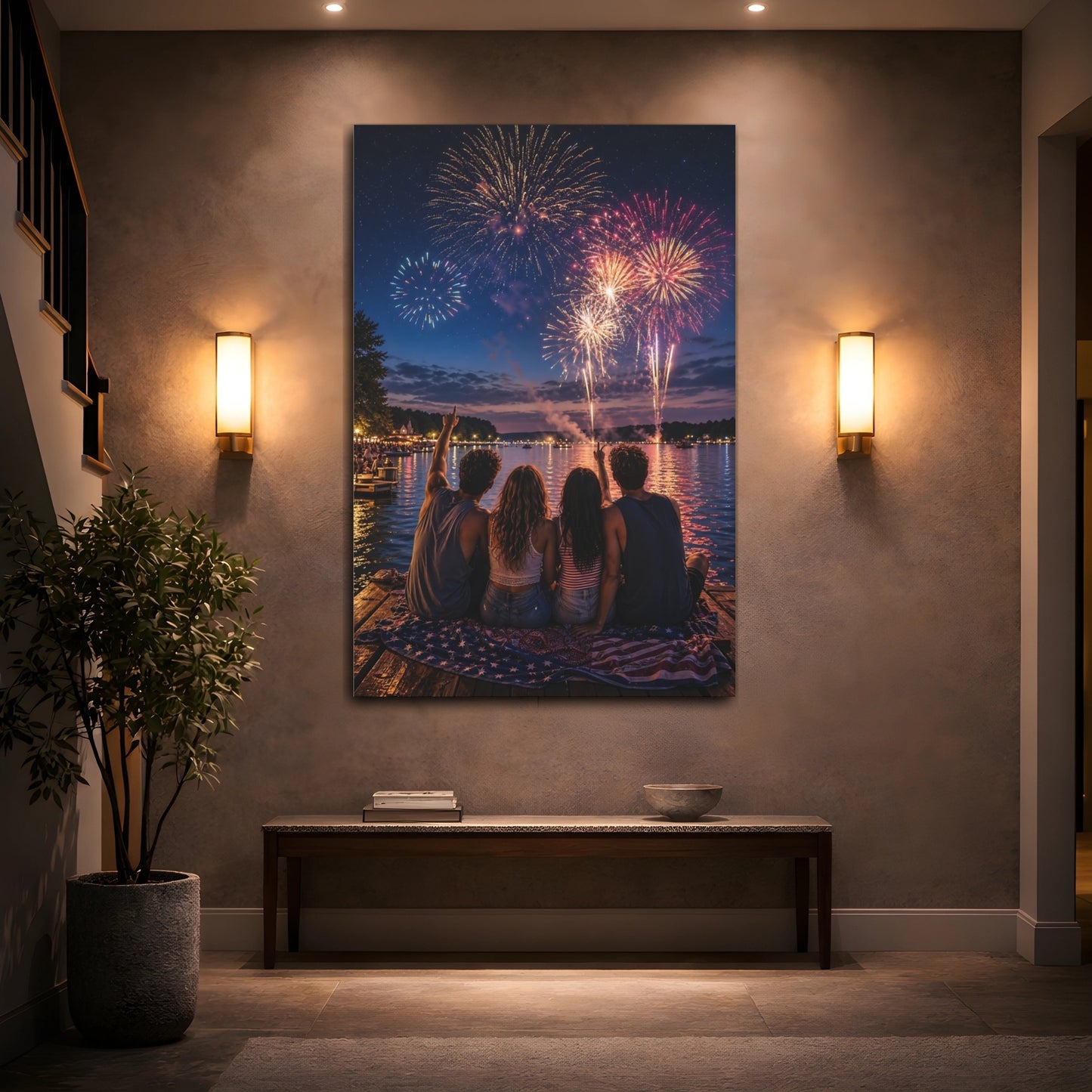 Nature Fireworks Night Display Canvas Wall Art Print - Vibrant Living Room, Above Console Table shown as canvas wall art