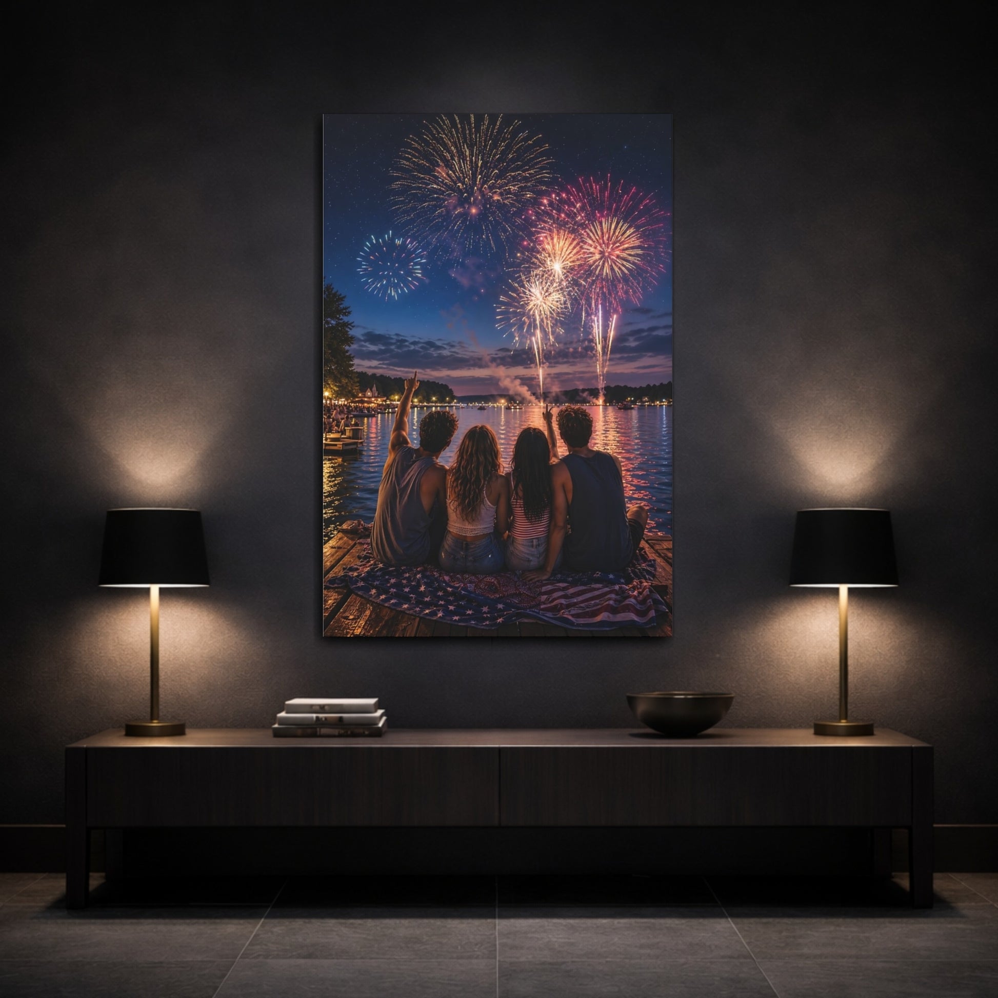 Nature Fireworks Night Display Canvas Wall Art Print - Vibrant Living Room, Above Console Table shown as canvas wall art