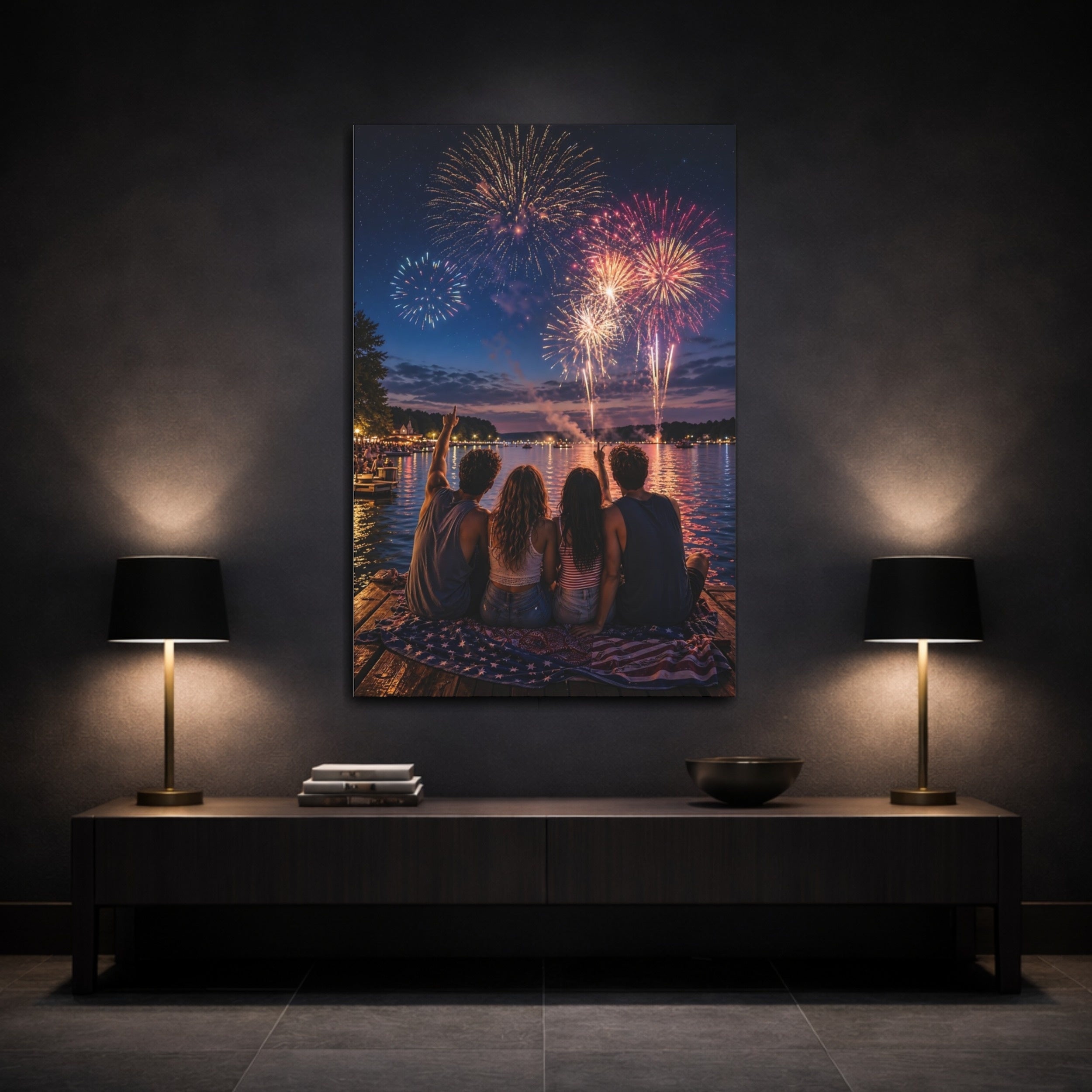 Mockup 3. Nature Fireworks Night Fireworks Display shown as stretched canvas wall art