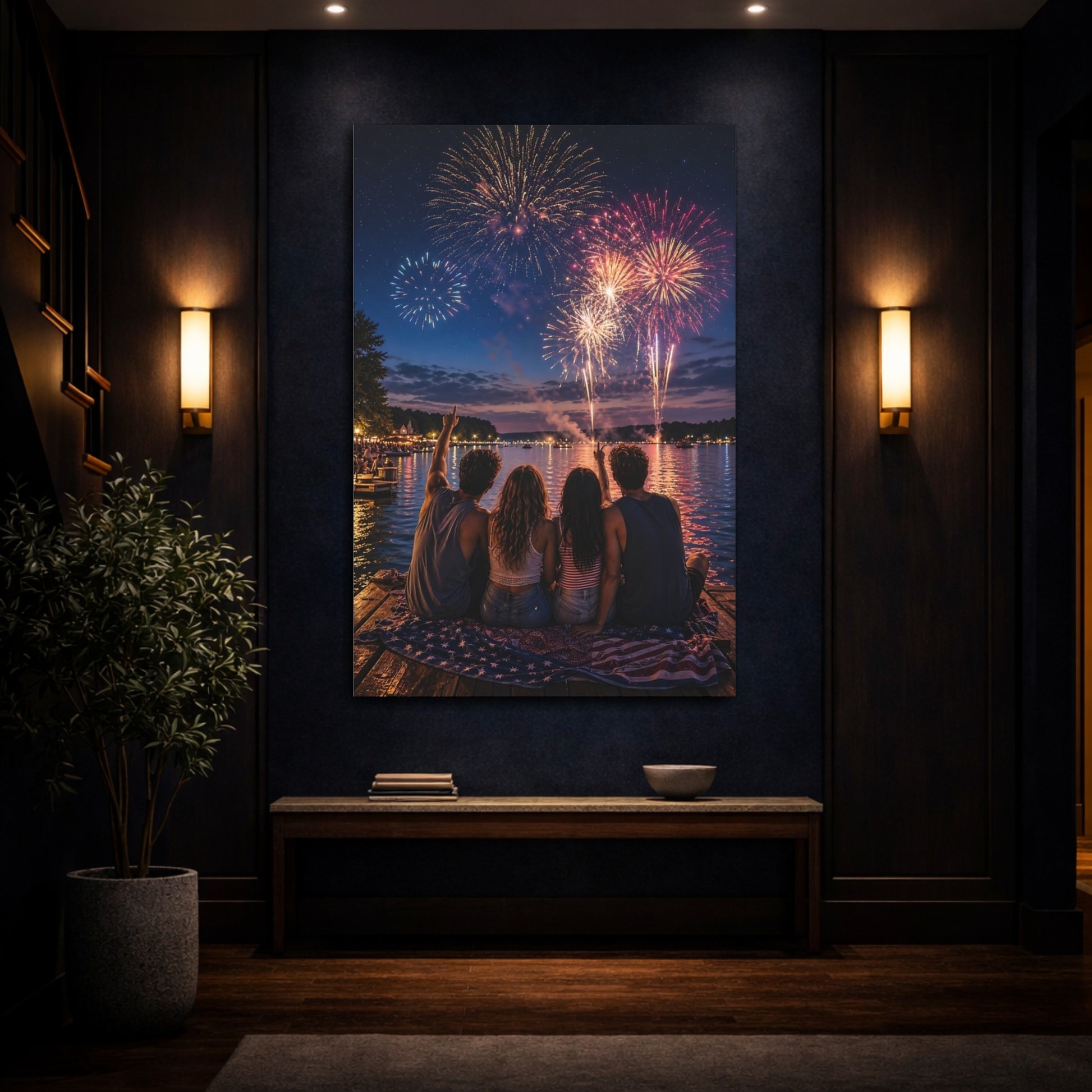 Nature Fireworks Night Display Canvas Wall Art Print - Vibrant Living Room, Above Console Table shown as canvas wall art